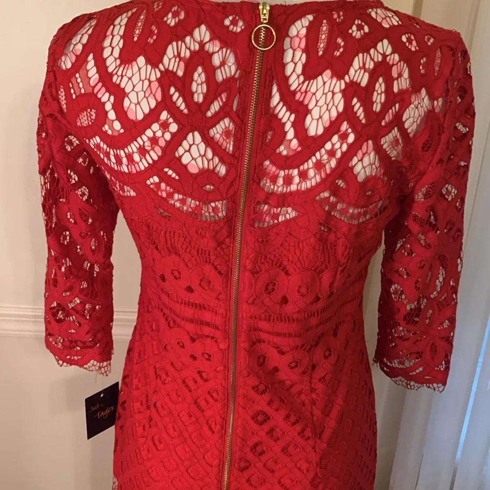 Just Taylor Elegant Red Lace Dress Sz 4 NEW Gorgeous body lined Sheer neck/Arms